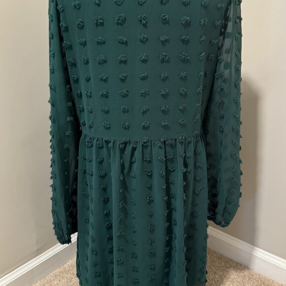Womens Small 4-6 KIRUNDO L/S Dark Green Swiss Dot Flowy High Waist Mini Dress - Picture 4 of 4